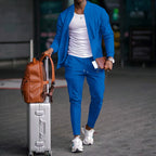 Men's Business Casual Two-Piece Set Spring Autumn Waffle Zippered Shirt Coat And Trousers Trendy Fashionable Outfit