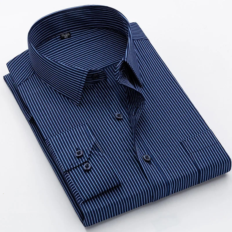 Men's long-sleeved shirt loose version flat hem striped business formal middle-aged and elderly straight shirt