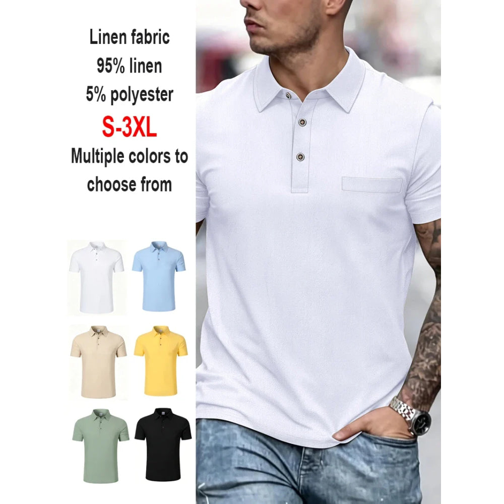 Men's Linen Blend Short Sleeve Polo Shirt Button Placket Chest Patch Breathable Casual Golf Business Work Daily Tops for Men