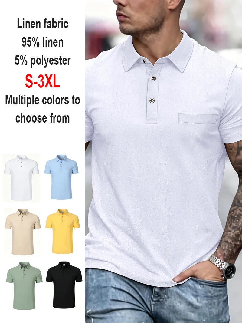 Men's Linen Blend Short Sleeve Polo Shirt Button Placket Chest Patch Breathable Casual Golf Business Work Daily Tops for Men