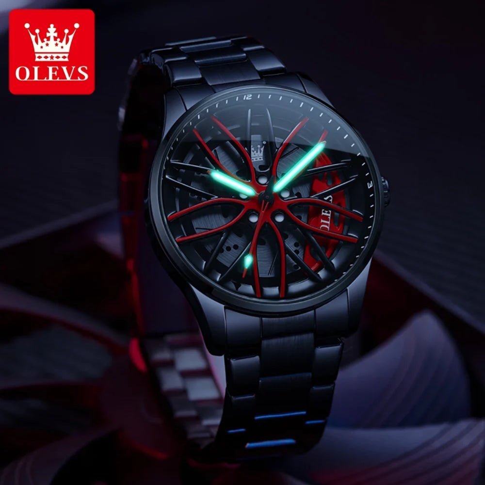OLEVS Mens Watch Quartz Watch Original Rotatable Wheel Hub Dial Fashion Trend Waterproof Luminous Stainless Steel Reloj 9937