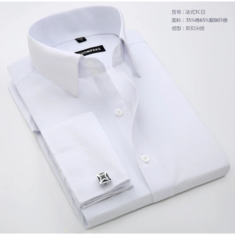 Men's French cufflinks shirt, men's slim fit long sleeved business sleeve nail free business formal men's solid color shirt