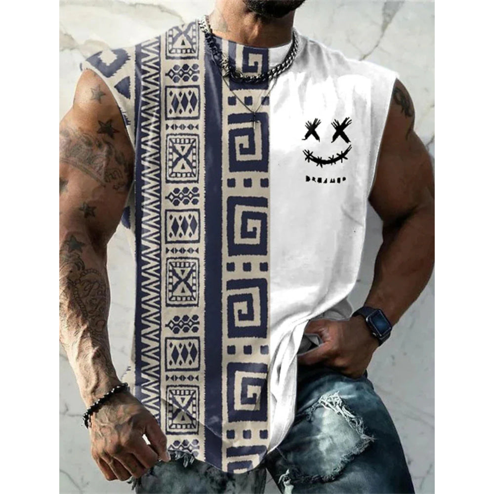 Summer New Men's Vest T Shirt Patterned Tribal Round Neck Clothing Daily Fitness Sports Vintage Sleeveless Printed Ethnic Tops