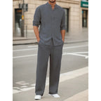 Men's Fall Casual Outfits Solid Color Henley Collar Long Sleeve Tops with Elastic Waist Pants Long Sleeve Pants Shirt Suit