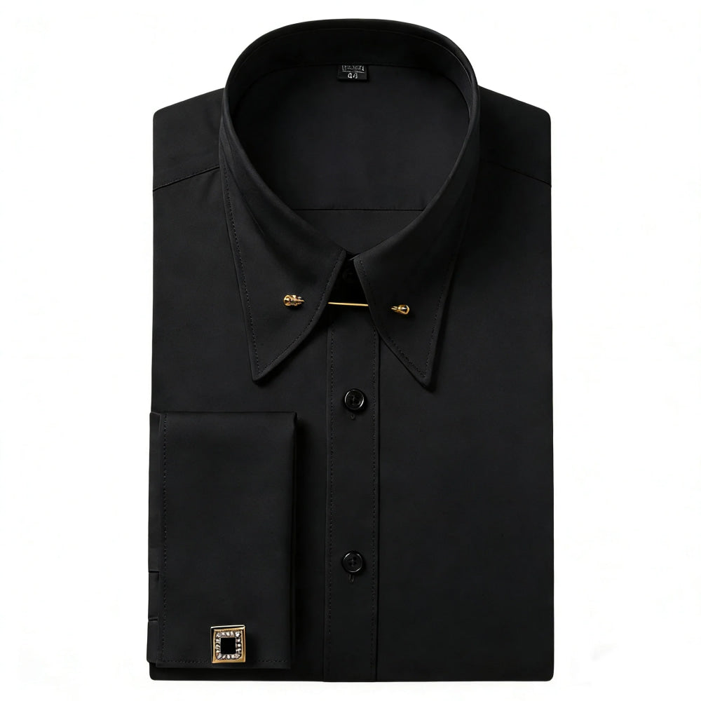 Embroidered French Cufflinks Men's Long-Sleeve Shirt with Collar Pins, Big Collar Dress Shirt for Business Formal Wear, Gentlema