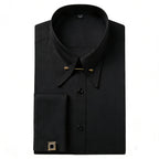 Embroidered French Cufflinks Men's Long-Sleeve Shirt with Collar Pins, Big Collar Dress Shirt for Business Formal Wear, Gentlema