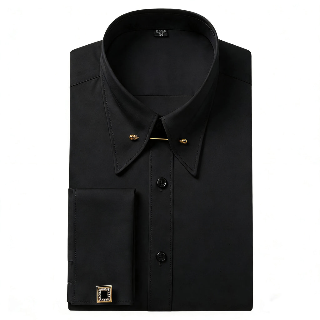 Embroidered French Cufflinks Men's Long-Sleeve Shirt with Collar Pins, Big Collar Dress Shirt for Business Formal Wear, Gentlema