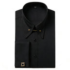 Embroidered French Cufflinks Men's Long-Sleeve Shirt with Collar Pins, Big Collar Dress Shirt for Business Formal Wear, Gentlema