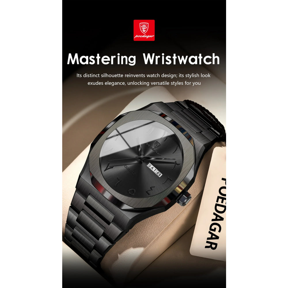 POEDAGAR Military Watch For Men Waterproof Luxury Week Calendar Man Wristwatch Quartz Stainless Steel Fashion Men's Watches Male