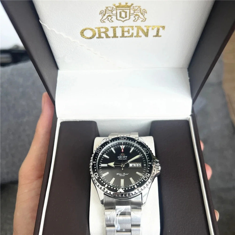 Orient Automatic Mechanical Diver Watch for Men 200M Waterproof Red Dial Stainless Steel Band Day Date Display Sport Wristwatch