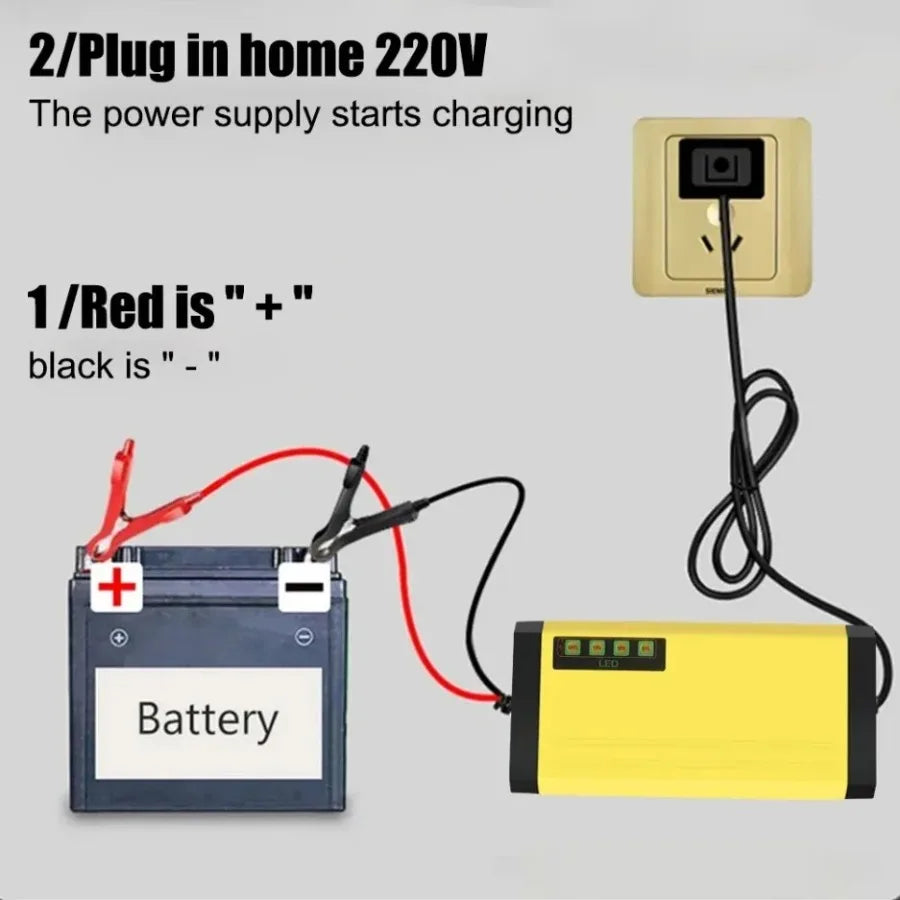 Cargador de batería de coche de 12V y 2A, cargador de reparación de pulsos de energía de 220V, batería de plomo ácido húmedo y seco, pantalla LED, resolución de batería para Moto y camión