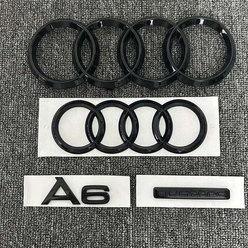 AUDI A6 4 Ring logo ABS Black Car Hood Front Bonnet Grill Rear Trunk Emblem Sticker A6 mark Quarrto Emblem For A6 2020-2023