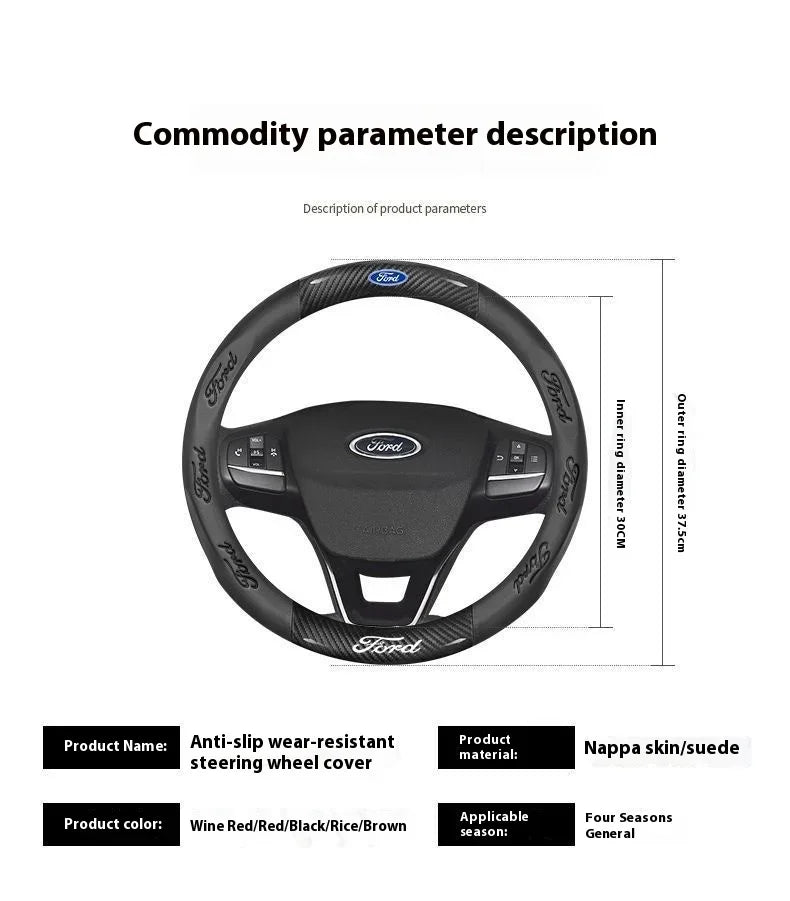 For Ford Mondeo Focus Raptor Puma Edge Explorer Ecosport Ranger F150 Kuga Car AntiSlip Carbon Fiber Leather Steering Wheel Cover