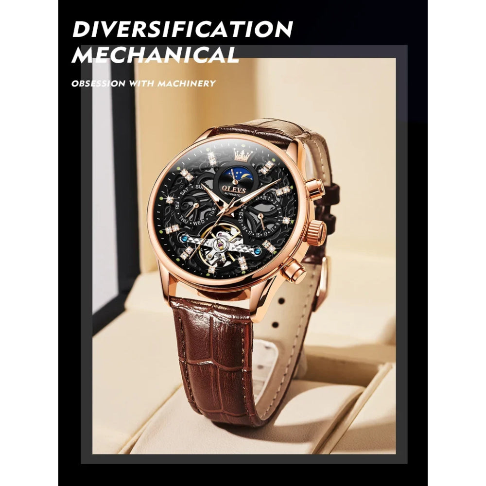 OLEVS 6658 Mens Watch Business Leather Strap Reloj  Hollow out Mechanical Automatic Wristwatch Waterproof Luminous Watch For Man