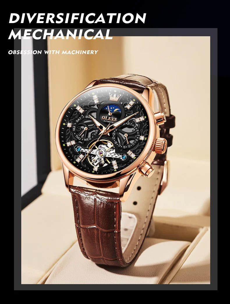 OLEVS 6658 Mens Watch Business Leather Strap Reloj  Hollow out Mechanical Automatic Wristwatch Waterproof Luminous Watch For Man