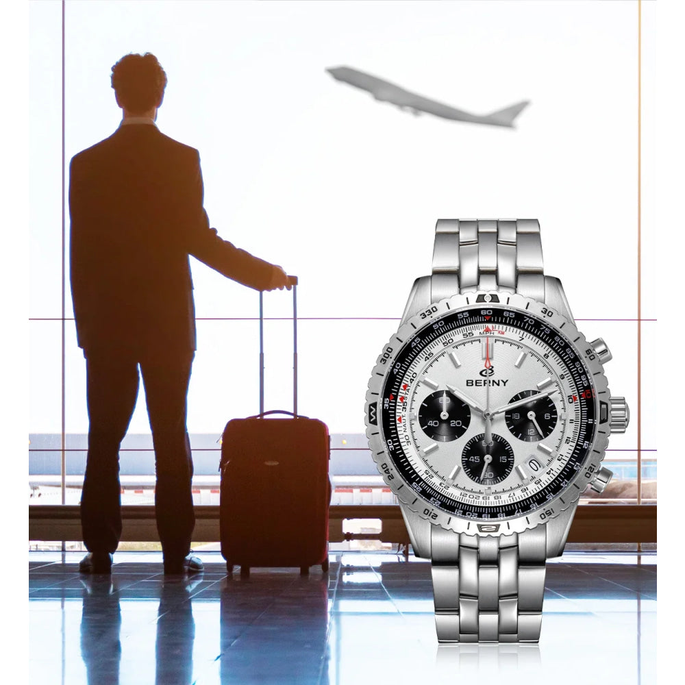 BERNY Chronograph Watches for Men Aviation Multifunction Quartz Men's Watch Date Sapphire Super Luminous Luxury Wristwatch