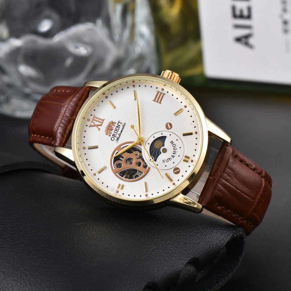 Orient Automatic Men's Watch Sun & Moon Phase Skeleton Dial Gold Case Black Leather Strap Mechanical Wristwatch