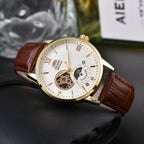 Orient Automatic Men's Watch Sun & Moon Phase Skeleton Dial Gold Case Black Leather Strap Mechanical Wristwatch