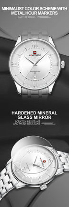NAVIFORCE Men's Watch Classic Stainless Steel Strap 3ATM Waterproof Calendar Minimalist Dial Men's Chronograph Watch NF9272S