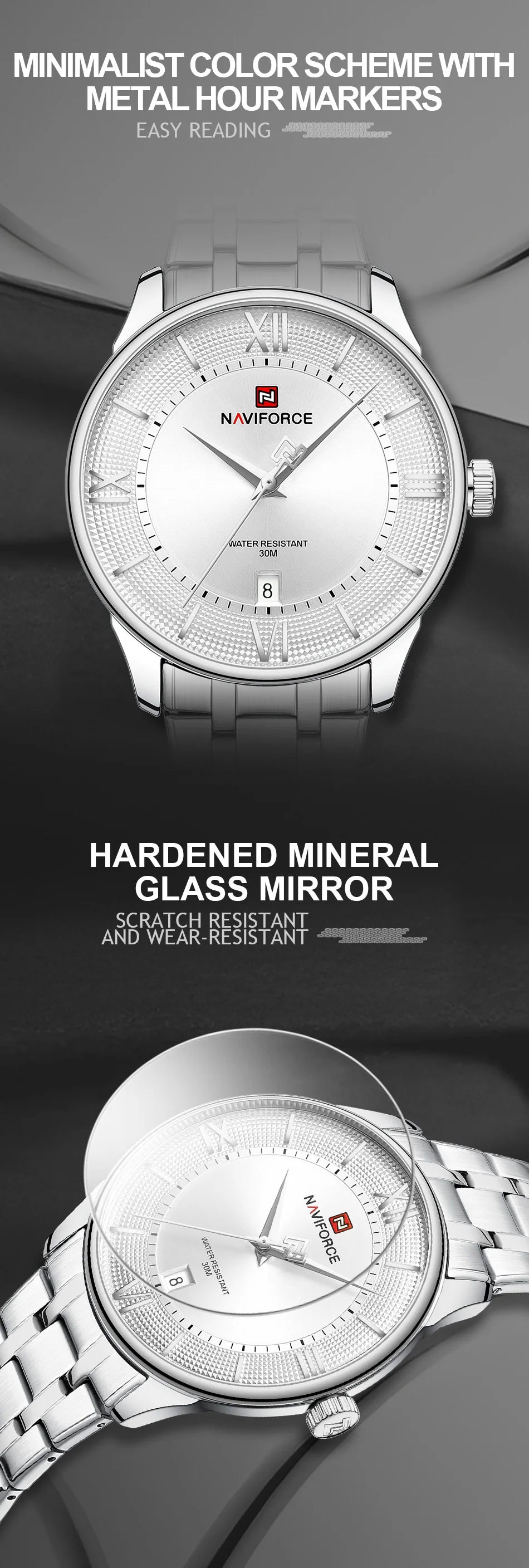 NAVIFORCE Men's Watch Classic Stainless Steel Strap 3ATM Waterproof Calendar Minimalist Dial Men's Chronograph Watch NF9272S