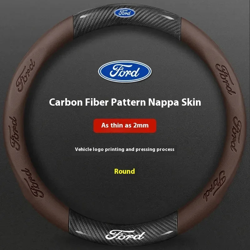 For Ford Mondeo Focus Raptor Puma Edge Explorer Ecosport Ranger F150 Kuga Car AntiSlip Carbon Fiber Leather Steering Wheel Cover