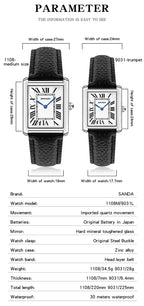 SANDA 9031/1108 Resistant Leather Strap Square Dial Waterproof Sport Casual Women Men Quartz Watches Reloj Luxury Couple Watch