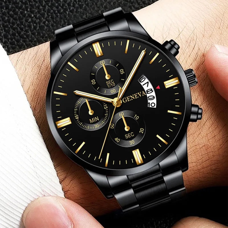 2 uds relojes de negocios para hombres reloj de cuarzo con banda de acero a la moda reloj con calendario masculino pulsera reloj Masculino (sin caja)
