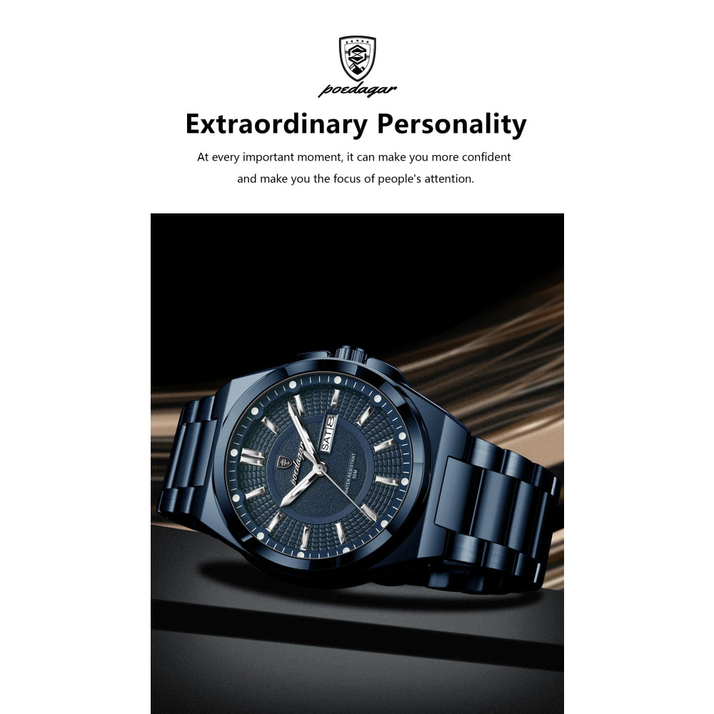 POEDAGAR Sport Original Men Clock Quartz Date Week Luxury Man Wristwatch Waterproof Luminous Stainless Steel Men's Watches Reloj