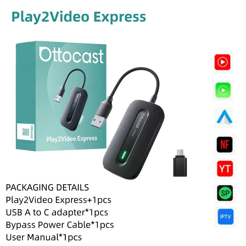 OTTOCAST Play2Video Express Wireless CarPlay Android Auto Adapter for Youtube Netflix for Volvo Chevrolet VW CarAccessorie