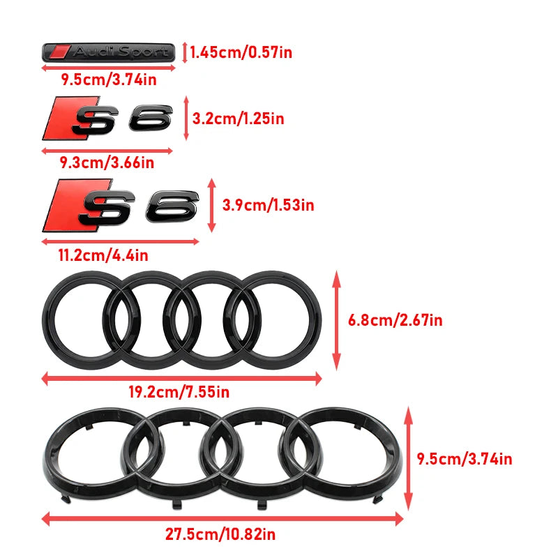 273mm 192mm Car Styling Hood Front Bonnet Grill Rear Trunk Emblem Badge Stickers Glossy Black Accessories For Audi S6 2020-2023