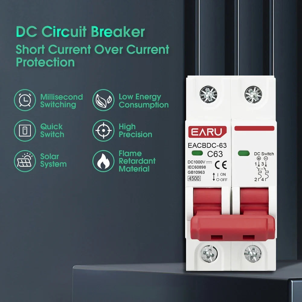 DC 1000V Solar Mini Circuit Breaker Overload Protection Switch 6A/10A/16A/20A/25A/32A/40A/50A/63A 2P DC1000V Photovoltaic MCB PV