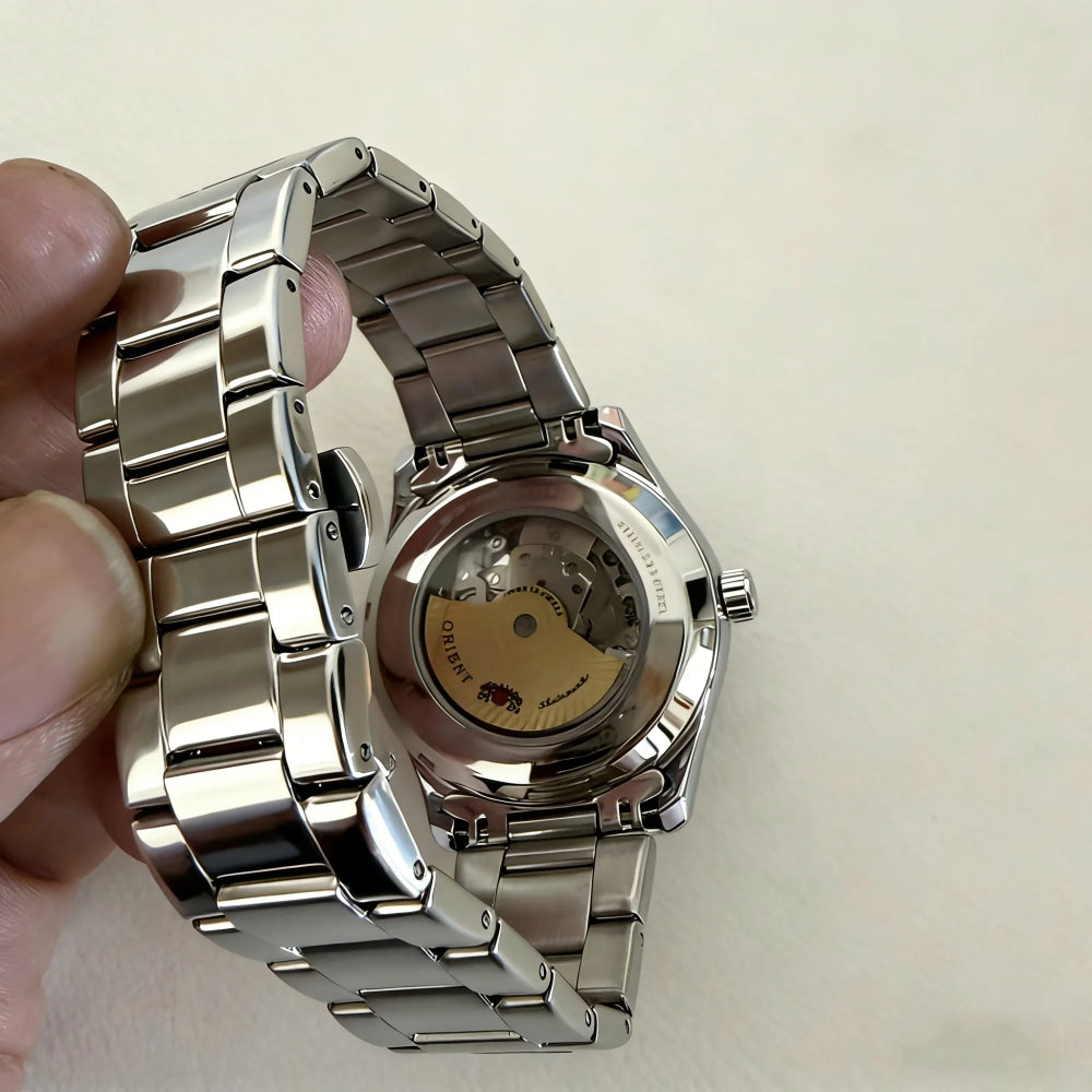 ORIENT Automatic Mechanical Watch Men's Stainless Steel Strap Skeleton Dial White Gold Needle Luminous 50M Waterproof Sapphire