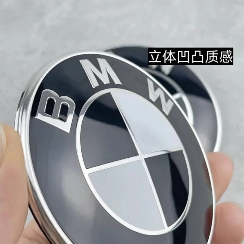Car Black White BMW Logo Front Hood Emblem 82mm Rear Badge 74mm Wheel Hub Cap 60mm steering wheel sticker 45mm Accessories