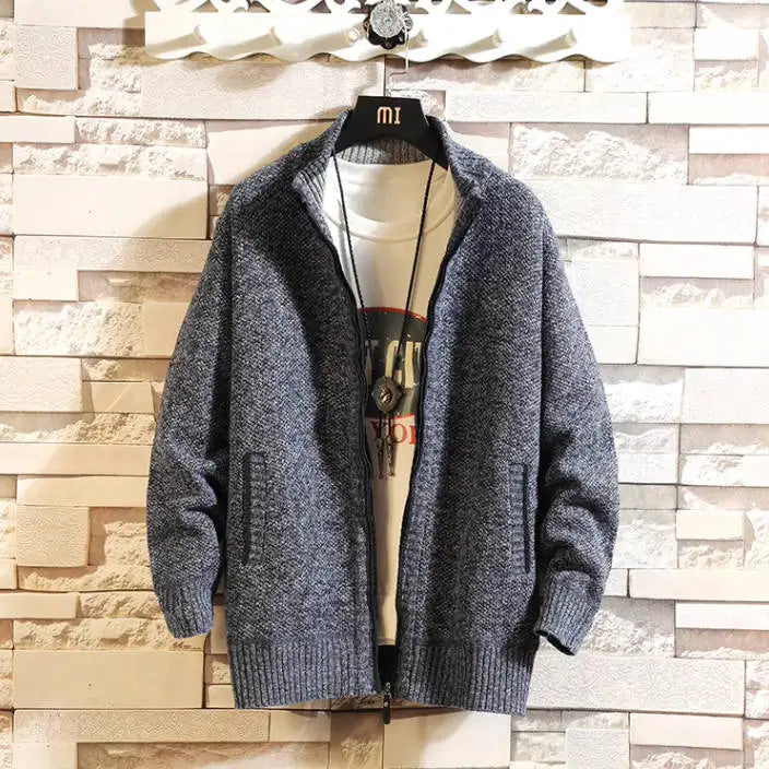 Autumn and Winter New Fleece Thicken Large Size Casual Loose Sweater Men's Jacket Stand-up Collar Cardigans