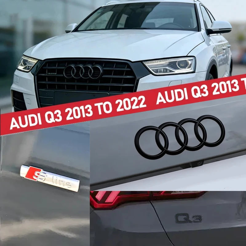 Black for AUDI Q3 2013-2022 4Ring Logo ABS Car Hood Front Grille Emblem Side Rear Trunk Badge Sticker Sline Quarrto Decoration