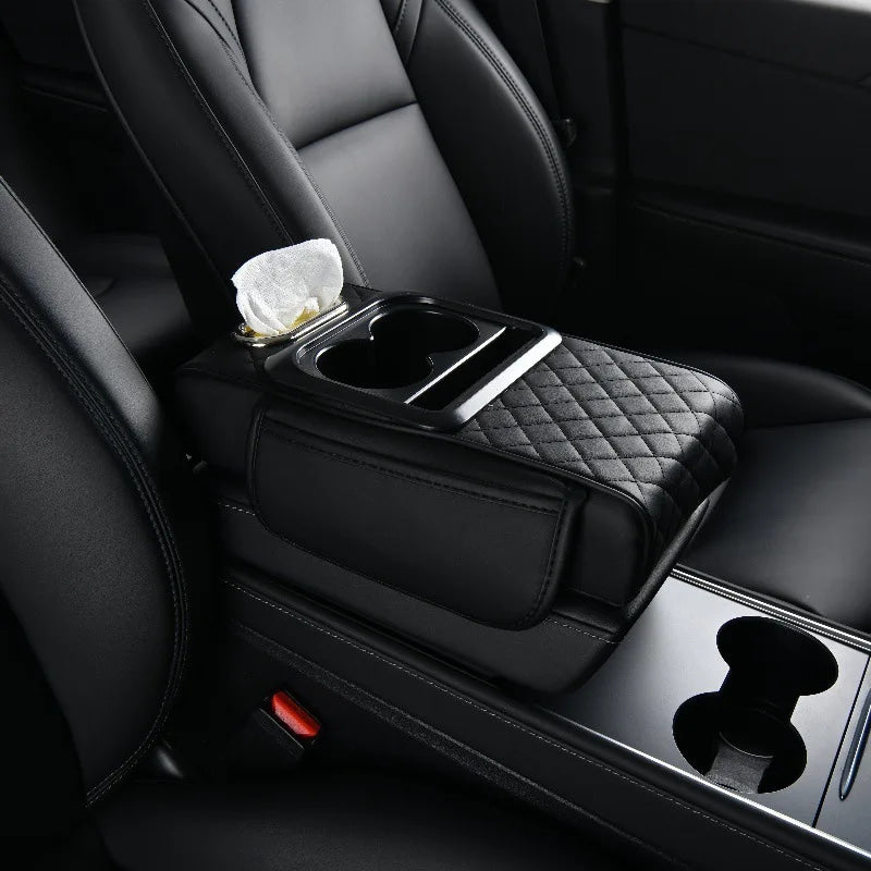 Reposabrazos para Coche 5 en 1: Caja para Pañuelos, Portavasos, Bolsa de Almacenamiento Multifuncional, Almohadilla Elevadora y Cojín con Bolsillo