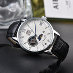 Reloj Automático Orient Sun & Moon semiesqueleto para hombre, esfera blanca, correa de cuero negro, cristal de zafiro, reloj de vestir resistente al agua hasta 50M