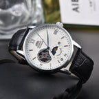 Orient Sun & Moon Semi Skeleton Automatic Watch Men's White Dial Black Leather Strap Sapphire Crystal 50M Waterproof Dress Watch