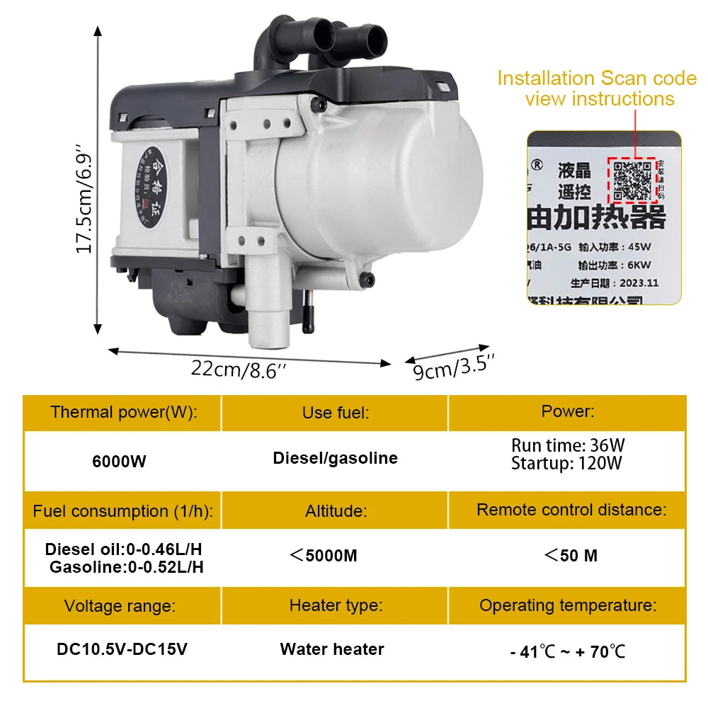 12V 6KW Diesel Fuel Liquid Heater Gasoline Preheater LCD Switch Silencer +Water Pump Parking Heating Device For Trucks Van Car