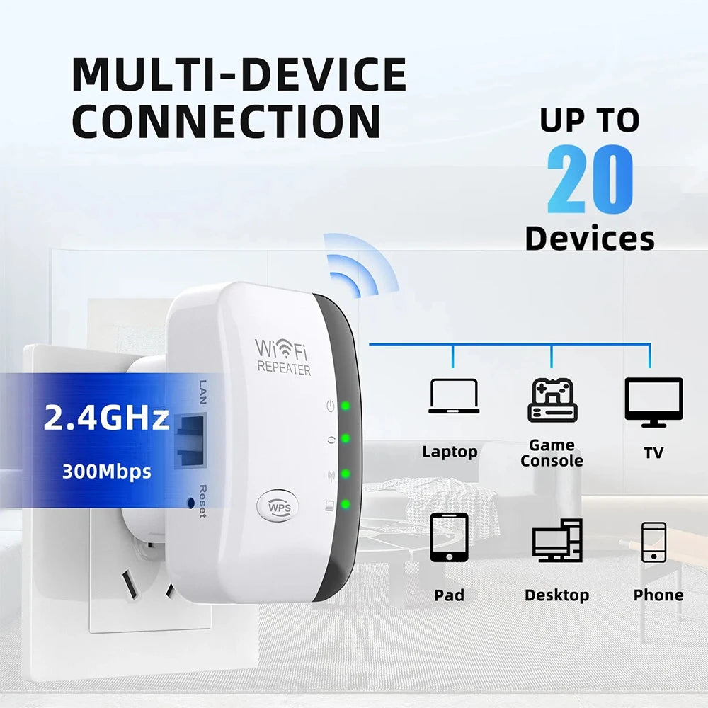 Extensor WiFi y amplificador de señal de 300 Mbps de alto rendimiento: fácil configuración, puerto Ethernet, soporte multiusuario para fiestas, oficinas