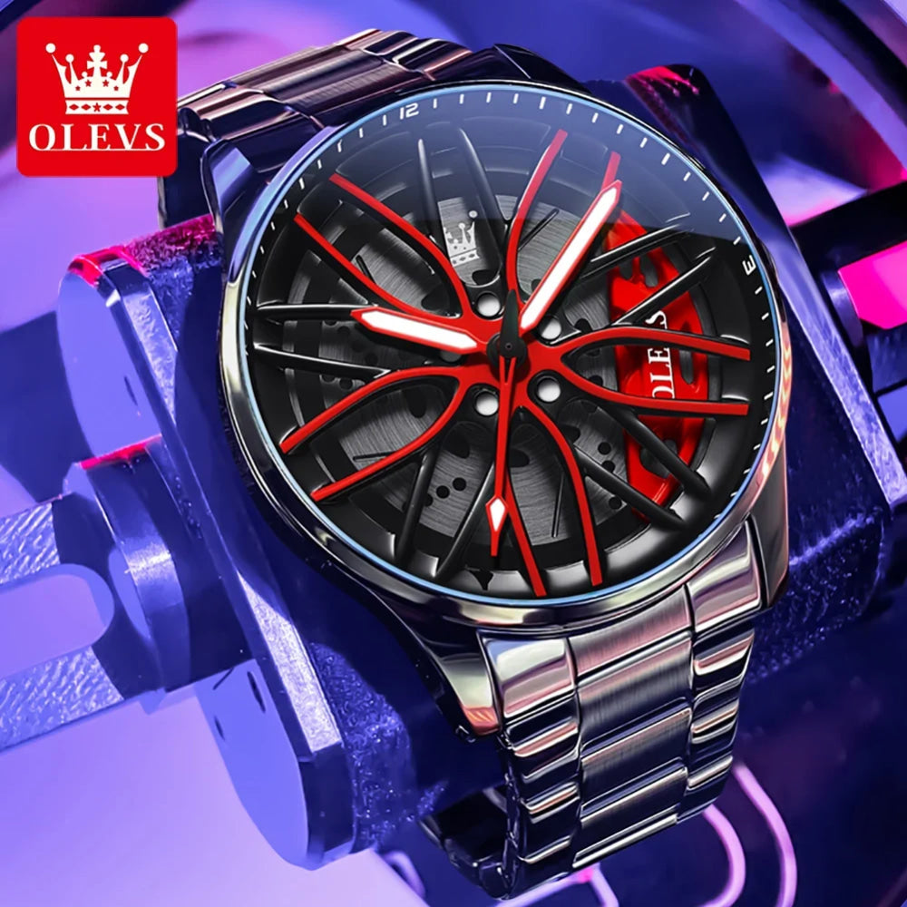 OLEVS Mens Watch Quartz Watch Original Rotatable Wheel Hub Dial Fashion Trend Waterproof Luminous Stainless Steel Reloj 9937