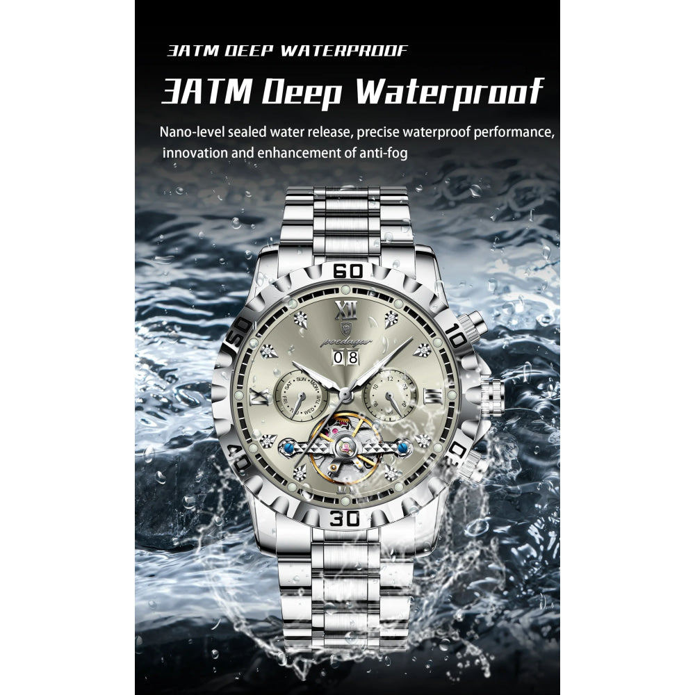 POEDAGAR Luxury Men Wristwatch Hollow Tourbillon Luminous Date Week Man Clock Automatic Mechanical Stainless Steel Men's Watches