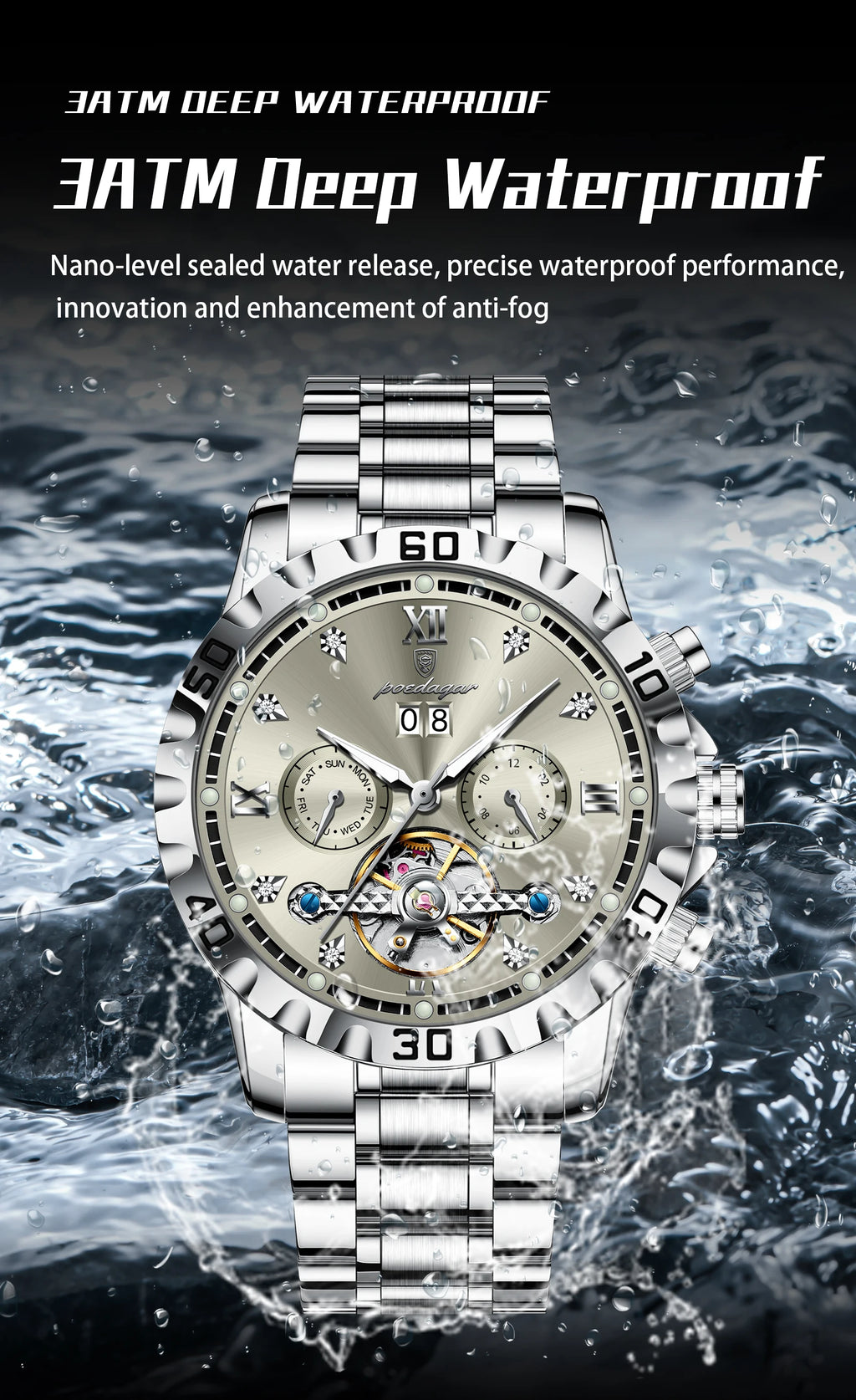 POEDAGAR Luxury Men Wristwatch Hollow Tourbillon Luminous Date Week Man Clock Automatic Mechanical Stainless Steel Men's Watches