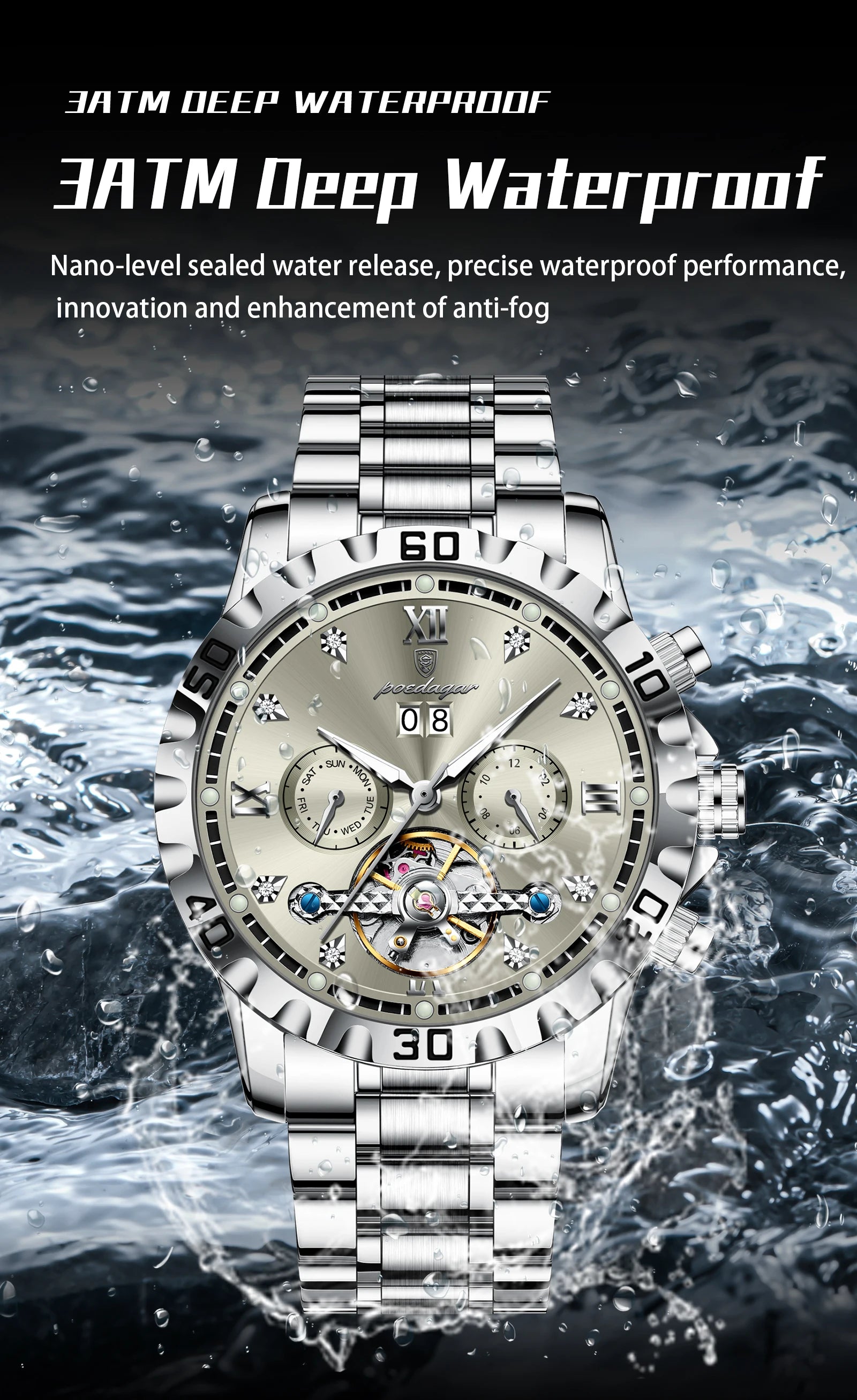 POEDAGAR Luxury Men Wristwatch Hollow Tourbillon Luminous Date Week Man Clock Automatic Mechanical Stainless Steel Men's Watches