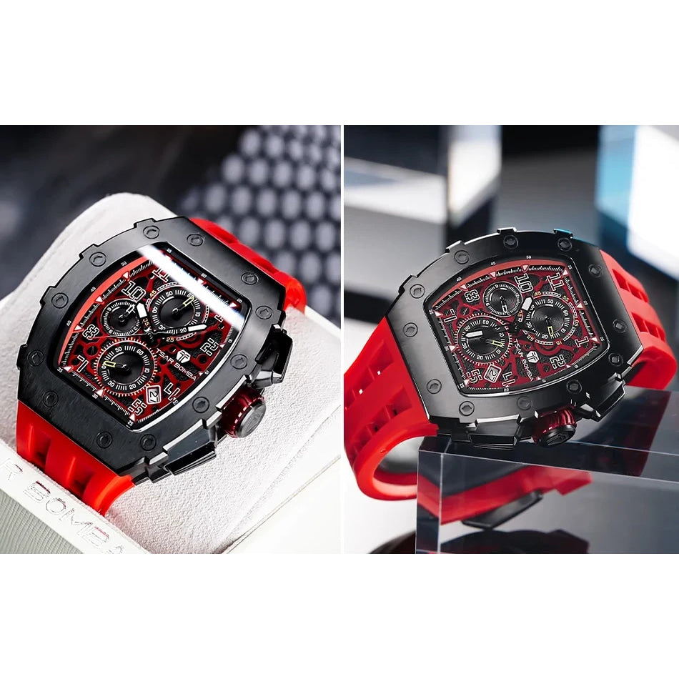 TSAR BOMBA Watch for Men Luxury Brand Tonneau Design Waterproof Clock Stainless Steel Wristwatch Fashion Rectangle Mens Watch