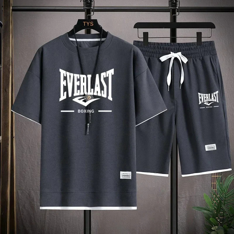 2026 Men's summer suit high quality round neck men's T-shirt 2 pieces shorts running quick dry leisure quick dry.