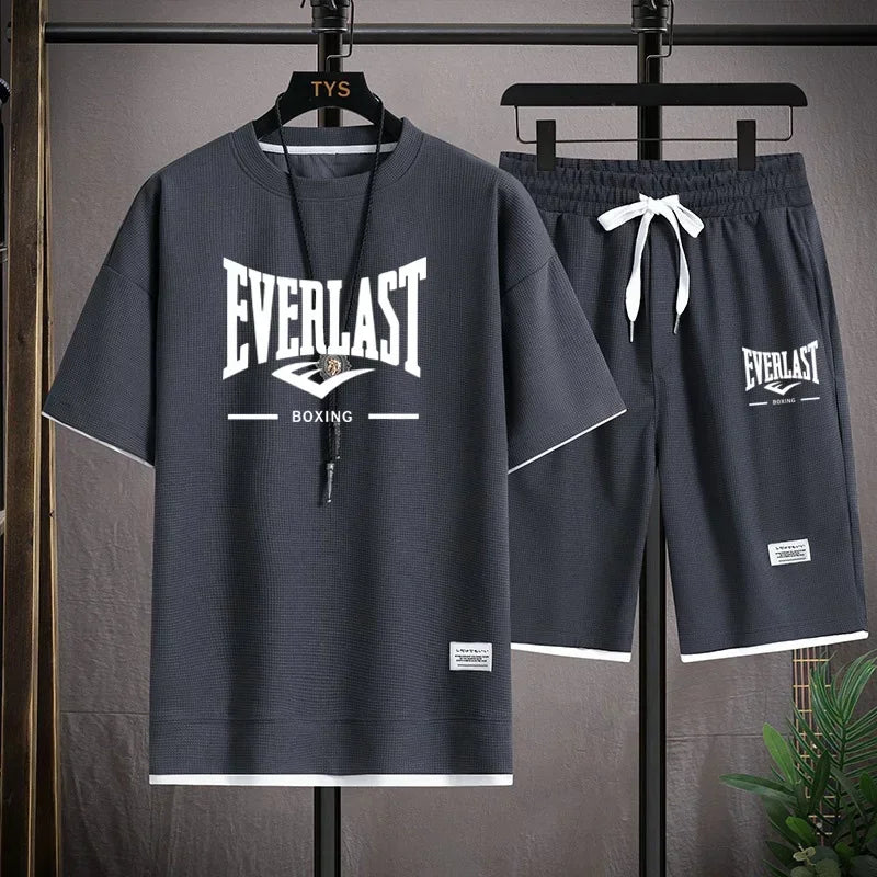 2026 Men's summer suit high quality round neck men's T-shirt 2 pieces shorts running quick dry leisure quick dry.