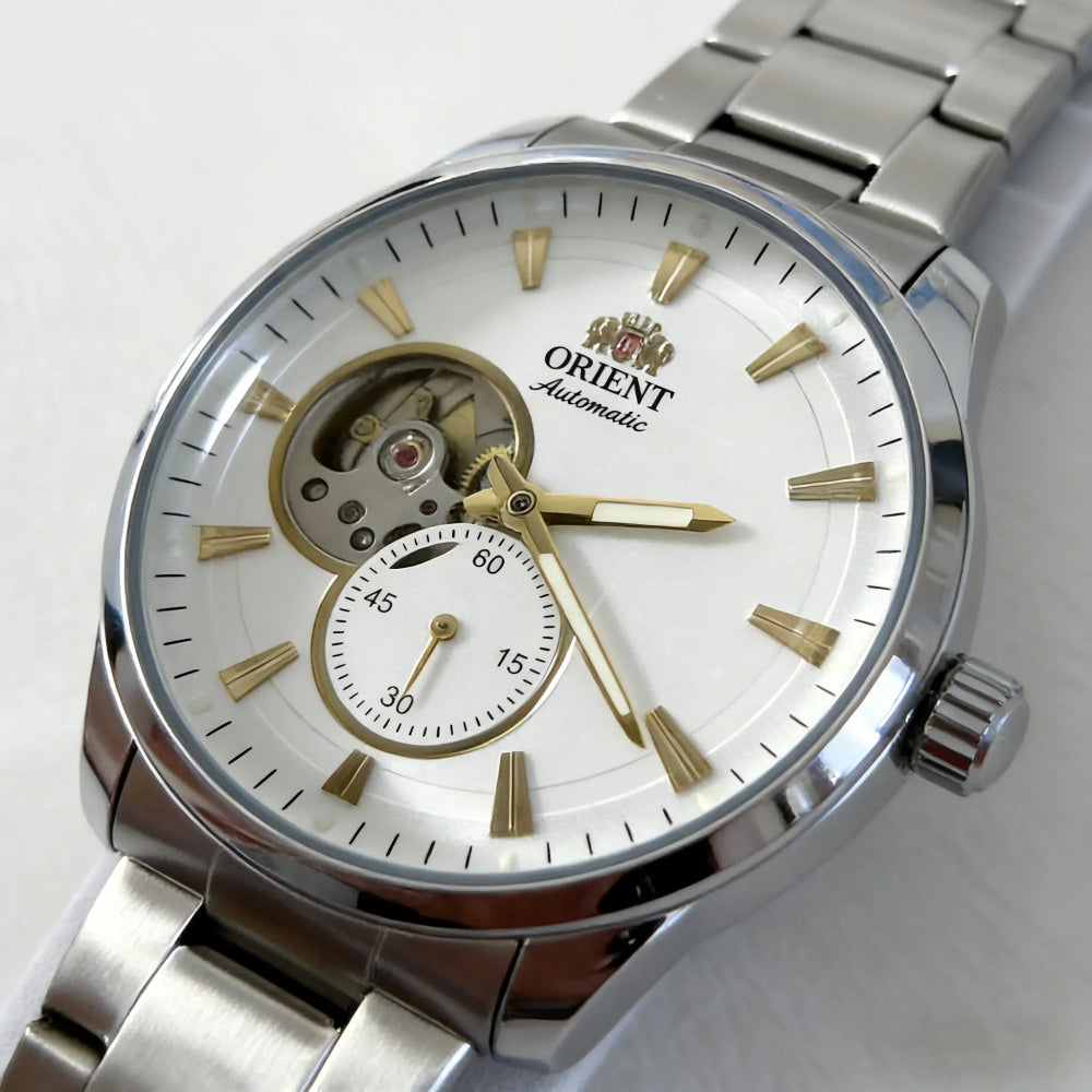 ORIENT Automatic Mechanical Watch Men's Stainless Steel Strap Skeleton Dial White Gold Needle Luminous 50M Waterproof Sapphire