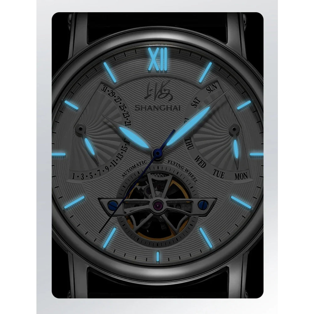 Shanghai Watch Skeletonized Flywheel Men's Mechanical Watch 42mm Automatic Watches Retrograde Calendar Sapphire Wristwatch S8924