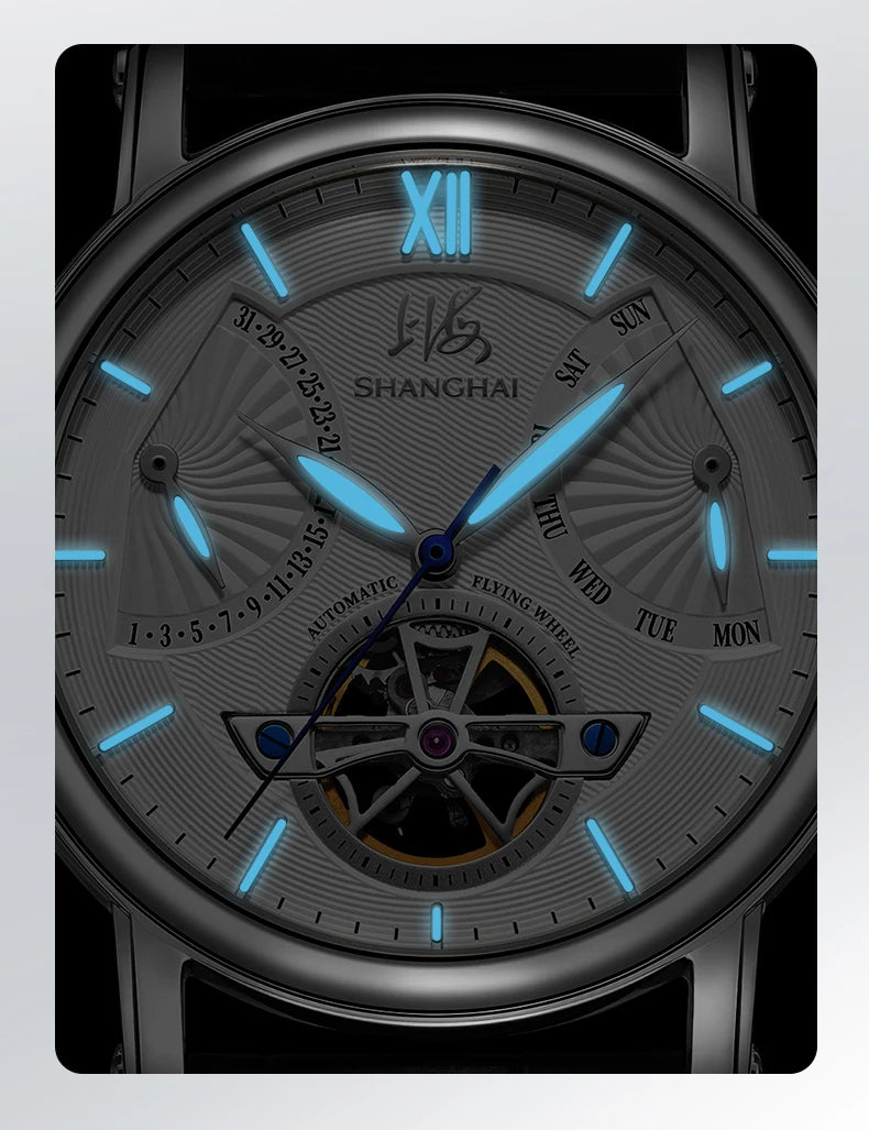 Shanghai Watch Skeletonized Flywheel Men's Mechanical Watch 42mm Automatic Watches Retrograde Calendar Sapphire Wristwatch S8924